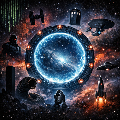 Sci-fi portal with iconic spacecraft